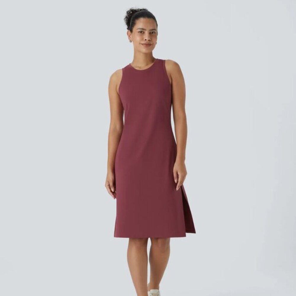 Halara Softlyzero Airy Sleeveless Split Cool Touch Midi‎ Casual Dress Cordovan S